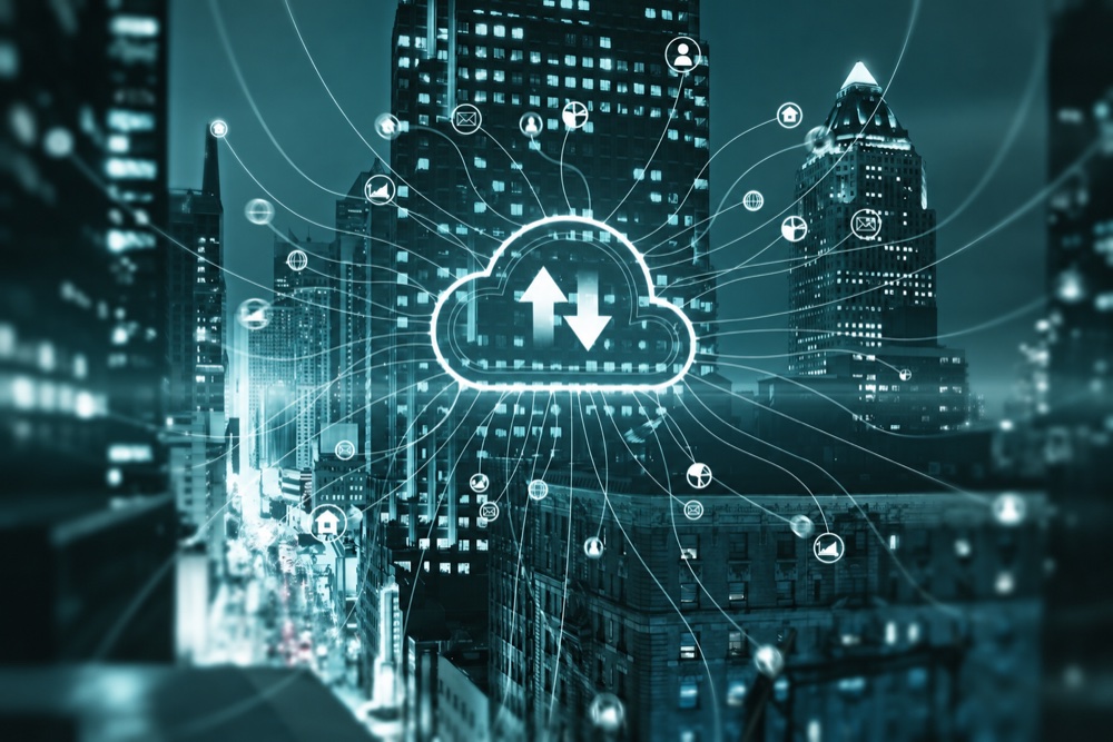 City skyline connected by a cloud hosting network