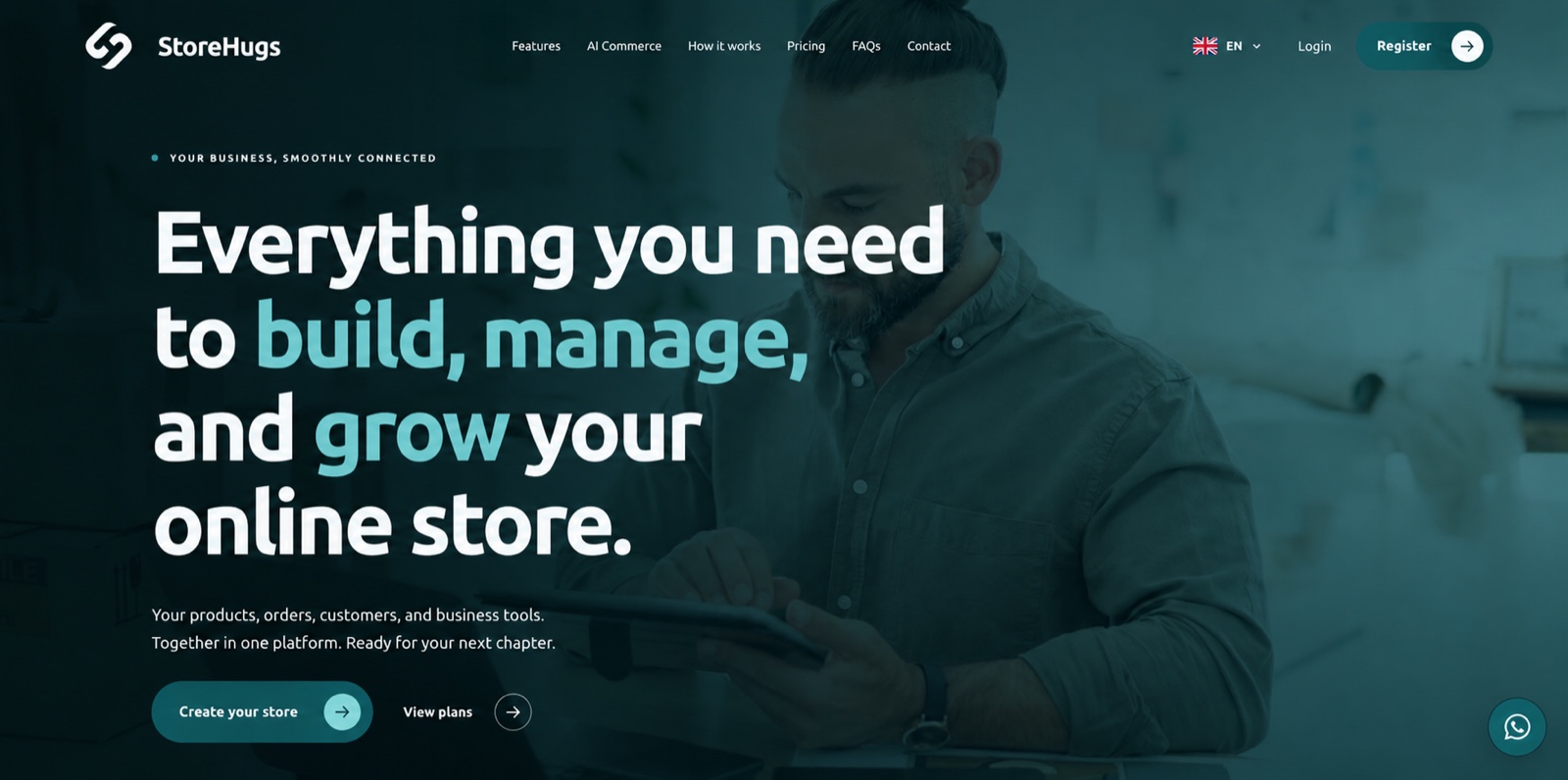 StoreHugs desktop website with teal styling